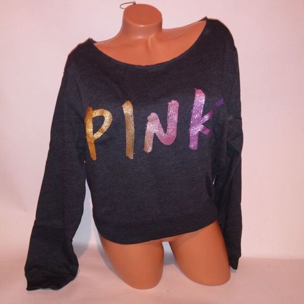 Victoria's Secret PINK Dark Gray Sweatshirt with Metallic Gold & Pink Lettering